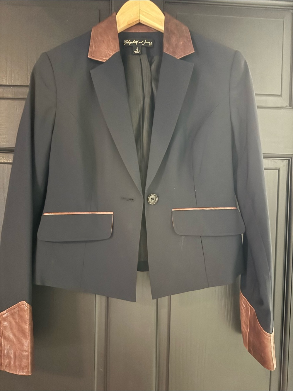 Elizabeth and James Black Blazer with Brown Leather Trim